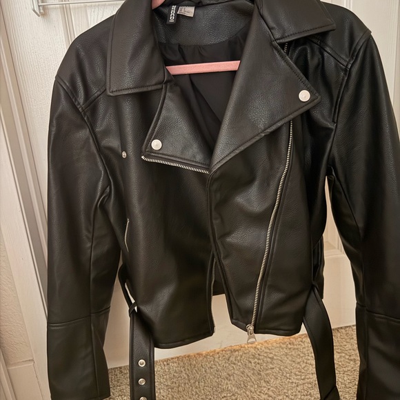 H&M Jackets & Blazers - H&M Black Faux Leather Moto Jacket with Silver Hardware